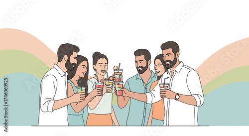 Group of friends toasting with drinks, having fun together, celebrating, enjoying party