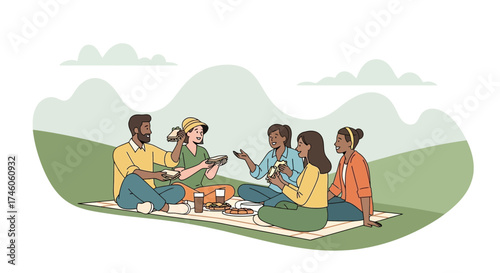 Group Sharing Food And Having Fun Together During A Sunny Picnic Outing