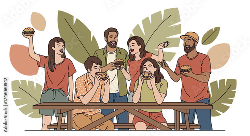 Group of Happy Diverse Friends Enjoying Burgers Together at a Picnic Table Celebration