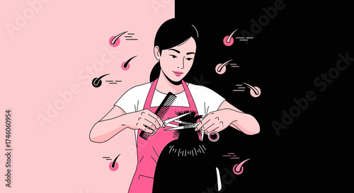 Hairdresser Cutting Hair in Vector Illustration with Stylish Pink and Black Background