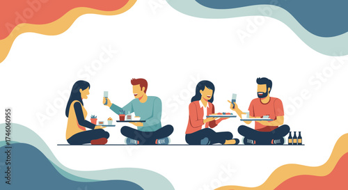 Group Of People Casual Gathering Enjoying Meal And Drinks In A Relaxed Setting