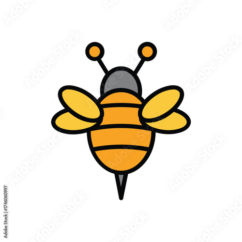 Cartoon bee yellow body black stripes and outline two wings gray head two antennae