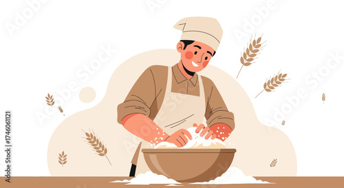Happy Baker Preparing Dough In Bowl Creating Fresh Bread For The Market
