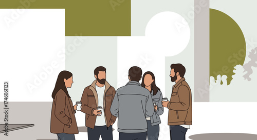 Group Of Stylish People Gathered Conversationally Sipping Coffee In A Minimalist Setting