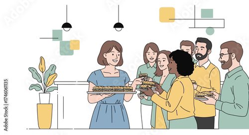 Group of people sharing sandwiches during a lunch break or office gathering celebration