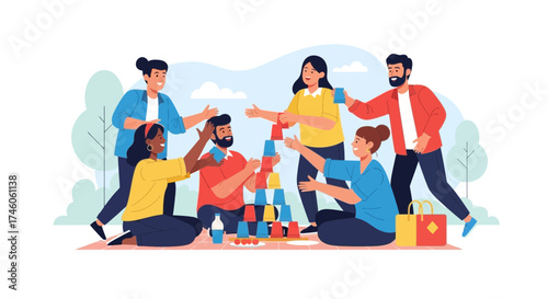 Group of people playing outdoor stacking cups game, fun together and friends