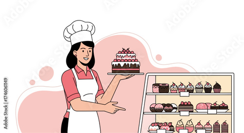 Happy Baker Presenting Magnificent Cake And Pastries In A Bakery Shop, Professionally