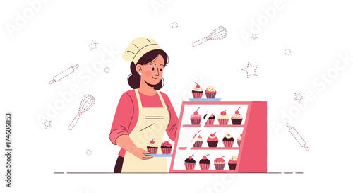 Happy Baker Smiling and Presenting Cupcakes in a Bakery Shop Display Case
