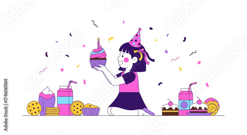 Happy birthday girl celebrating with a cupcake party and confetti illustration