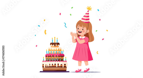 Happy birthday illustration of a little girl and a multi layer cake with candles
