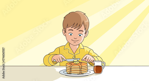 Happy boy adding butter to pancakes and enjoying delicious breakfast in morning