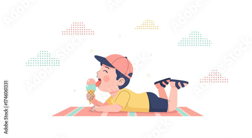 Happy boy enjoying ice cream on a summer day Illustration style vector