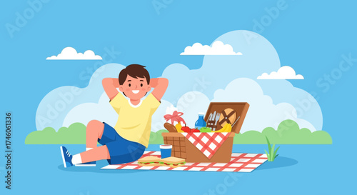 Happy Boy Enjoying Picnic Day Under Blue Sky Near Picnic Basket Full Of Eatables