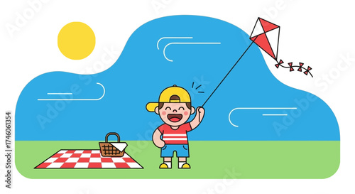 Happy Boy Flying a Kite and Enjoying a Picnic on a Sunny Day, Children Playing
