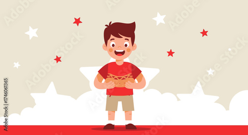 Happy Boy Holding Hot Dog Enjoying a Delicious Meal in a Festive Celebration Scene