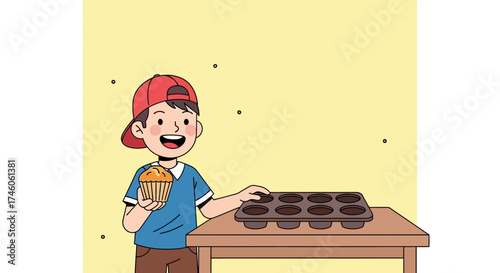 Happy Boy Holds Freshly Baked Muffin Beside a Muffin Tray on a Wooden Table