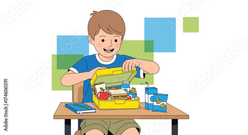 Happy Boy Opens Lunchbox, Revealing Sandwich, Apple, Snacks, and Beverages During School