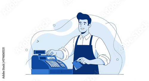 Happy Cashier Using Cash Register And Taking Credit Card Payment At The Counter