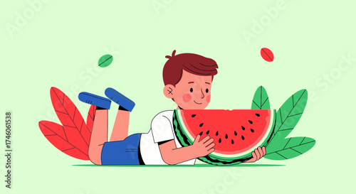 Happy Child Basking In Sun, Relaxing With Watermelon, Summer Fruit Delight