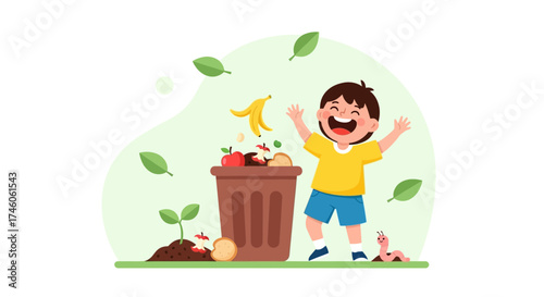 Happy child celebrating composting with fruit peelings and a worm in an eco-friendly design