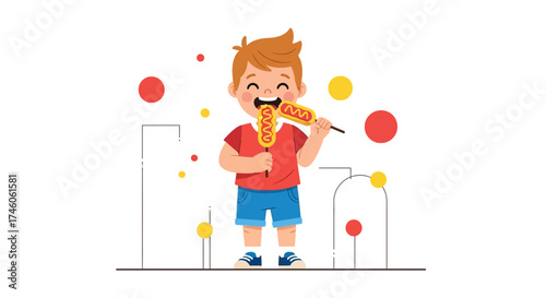 Happy Child Devouring Corn Dogs, Enjoying a Delightful Treat, Artistic Illustration