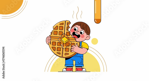 Happy Child Devouring Crispy Waffle, Butter Melting, Delightful Food Illustration