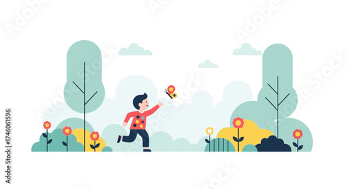 Happy child chases a butterfly in the park during a sunny day flat vector illustration