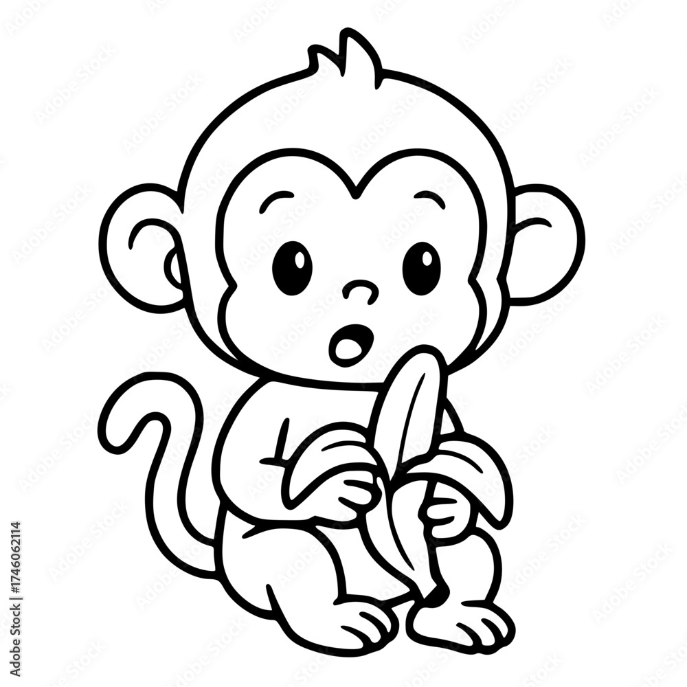 Fototapeta premium Vector for coloring, cute cartoon monkey surprised, and holding a banana