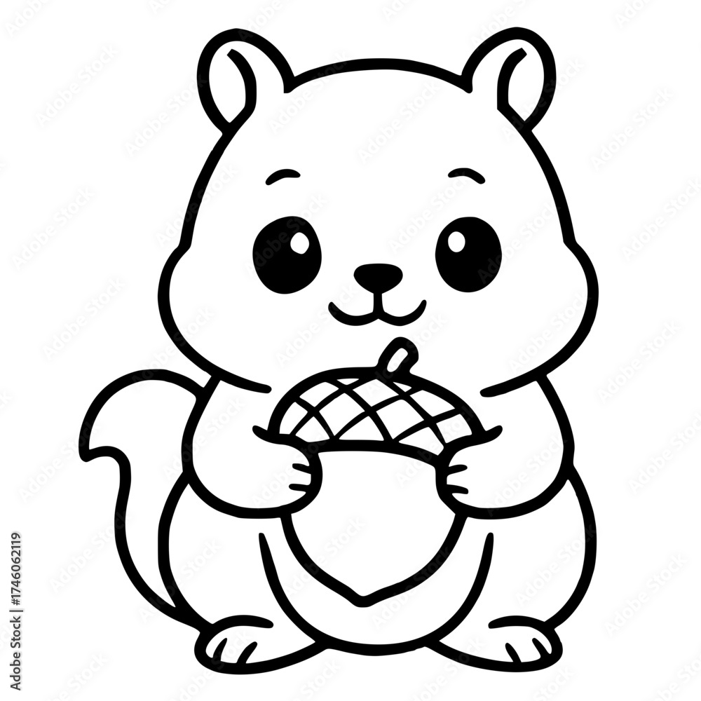Fototapeta premium Vector for coloring, cute smiling squirrel cartoon carrying a nut