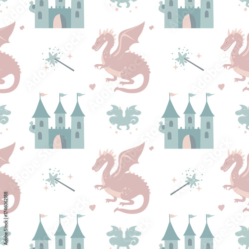 A whimsical pattern featuring castles, dragons, and magical elements.