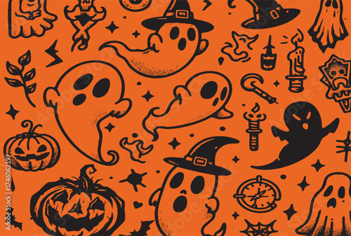 Set of black and orange Halloween icons and characters in Halloween theme.