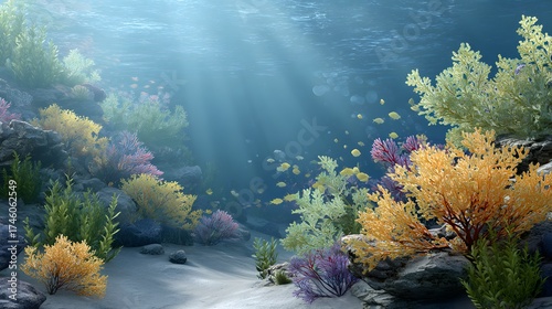 Underwater Coral Reef Scene with Vibrant Marine Life and Sunlight Filtering Through Water