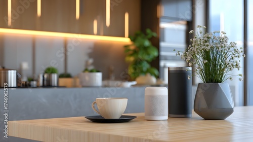 Wallpaper Mural Modern Kitchen Interior Featuring Stylish Decor with Coffee Cup and Fresh Greenery on Table Torontodigital.ca