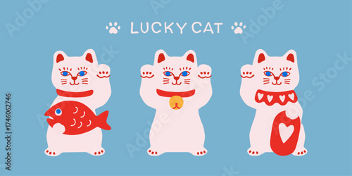 Kawaii three lucky cat illustration set in modern vector style. maneki neko characters bringing charm, love, and good fortune