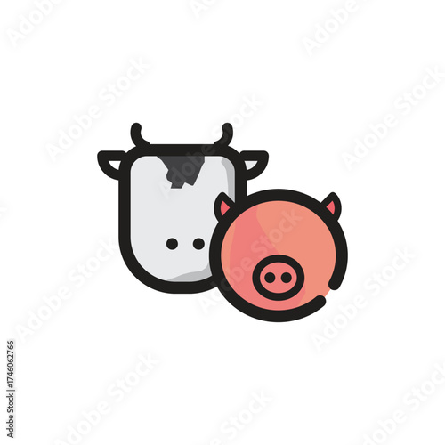 Vector illustrations of a cow and a pig The cow has black horns and spots The pig has small ears and a circular snout