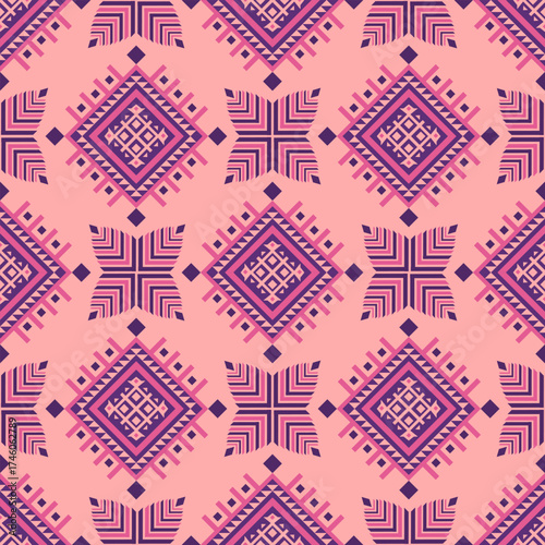 Geometric Ethnic pattern, Native American tribal fabric, tile, carpet, vector, illustration design, on  a blue-purple Tone background 