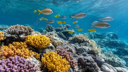 Vibrant Coral Reef with Colorful Fish Swimming in Clear Tropical Waters