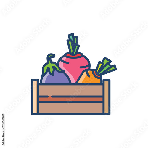 Vegetables  eggplant radish and carrot  in a wooden crate