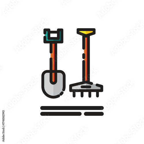 Icon of a shovel and rake sidebyside with horizontal lines below