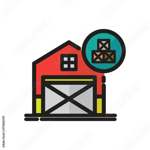 Red barn icon with gray doors and two crates in a teal circle