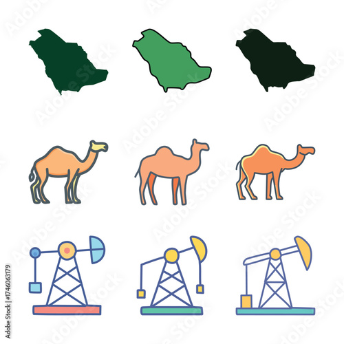 Illustrative depiction of Saudi Arabia, featuring maps, camels, and oil pump jacks, showcasing its cultural and economic aspects.