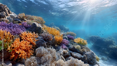 Vibrant Coral Reef Under Clear Blue Ocean Water Illuminated by Sun Rays