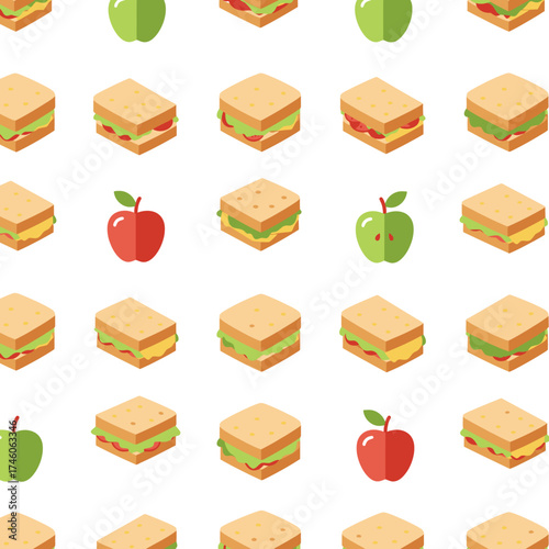 A pattern featuring sandwiches and apples in a playful, colorful design.