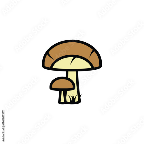 Two brown mushroom illustrations with black outlines one larger than the other growing in short blades of grass set
