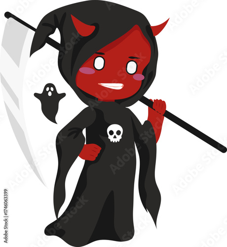 Cartoon Devil with Scythe and Ghost Illustration