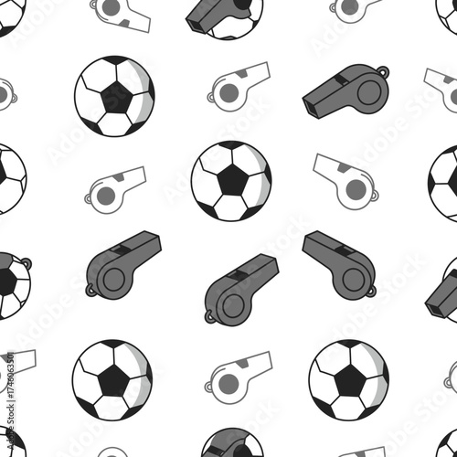 A repeating pattern of soccer balls and whistles, symbolizing sports and officiating.