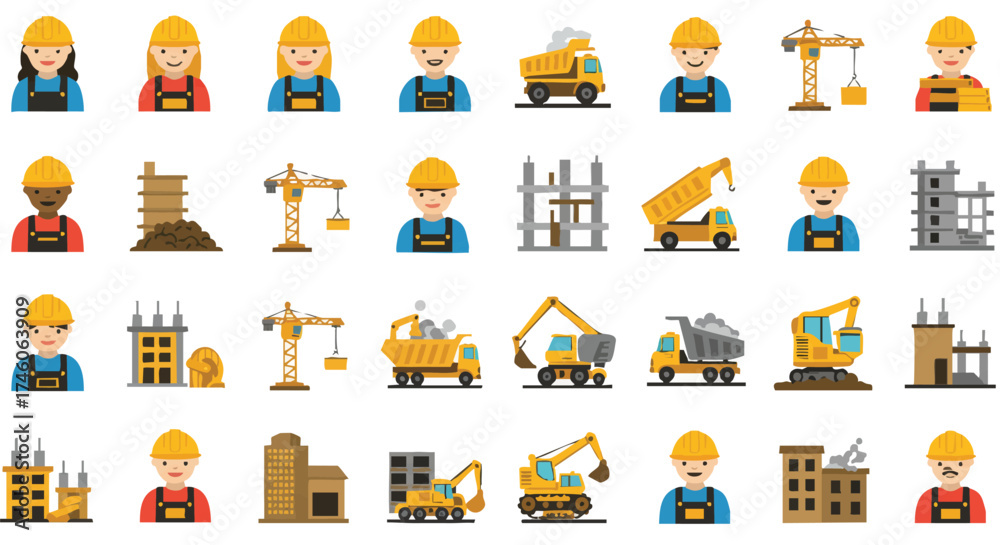 Fototapeta premium A collection of colorful construction icons, including workers, trucks, cranes, and building elements, ideal for design projects.