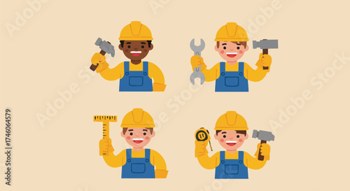 A diverse group of construction workers, each holding different tools, ready for a project, and wearing yellow safety helmets and overalls.