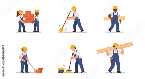 Diverse construction workers collaborate on various tasks, including bricklaying, sweeping, and carrying lumber, showcasing teamwork in a building project.