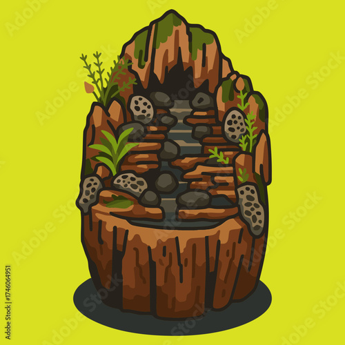 Vector Illustration of Mini Waterfall in Tree Stump with Rocks and Plants